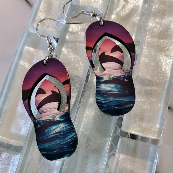Jumping Dolphins Flip Flop Earrings - Picture 1 of 7
